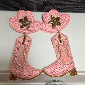 Pink Beaded Cowboy Hat and Boot Earrings